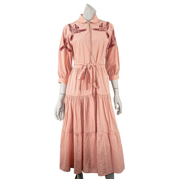 TALLULAH & HOPE Bird Embroidered Dress Waist-tie Peach Women's 6 - Picture 1 of 8